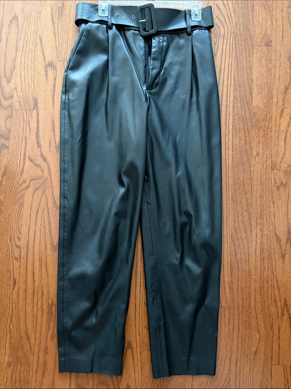 Zara Black Faux Leather Pleated Tapered Pants with Belt